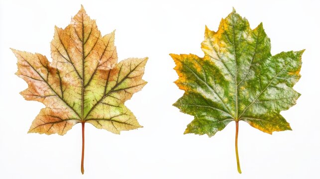 Pair of autumn maple leaves displaying varied green and yellow hues