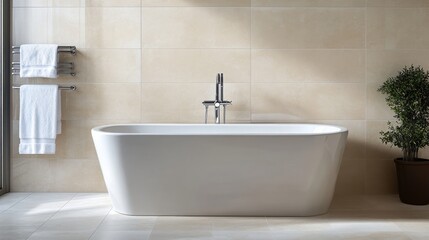 Fototapeta premium Sparkle bathrooms reflect excellent hygiene. Modern Luxurious Bathtub in Bright Bathroom Setting