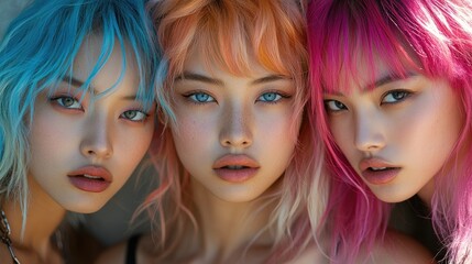 Naklejka premium Three individuals with vibrant hair colors posing closely together, showcasing beauty and style.