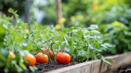 Ripe tomatoes rest on the soil while fresh greens grow steadily in a vibrant garden bed under bright sunlight. Generative AI