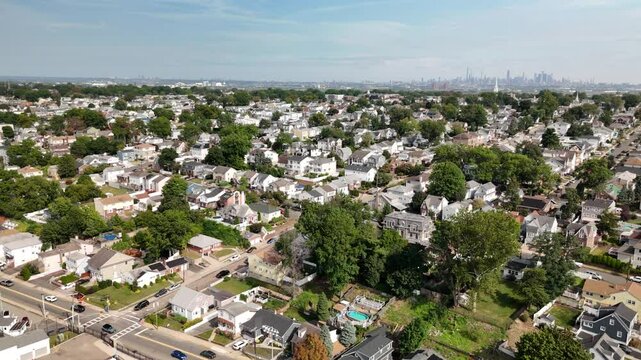 Aerial footage of a residential suburb in Nutley township in Essex County, New Jersey, USA