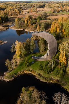 Kirkilai karst lakes and lookout tower in the bright sunny autumn morning