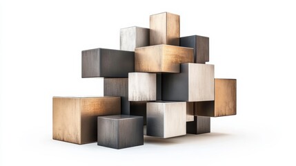 Obraz premium 3D Rendered Interlocking Geometric Cubes with Brushed Steel and Matte Black Surfaces