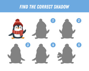  Find correct shadow of cute penguin. Educational logical game for kids. Christmas and new year game. Cartoon penguin. Vector