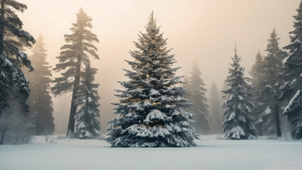 Obraz premium A series of pictures of Christmas trees in the forest, decorated in a New Year's style. Fog and forest on the background