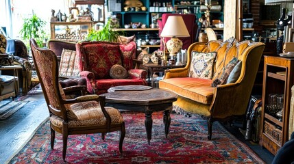 Cozy vintage living room with antique armchairs and sofa, coffee table, and a rug