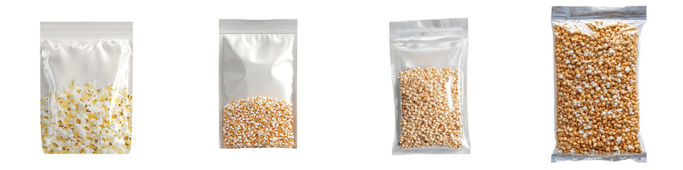 Fototapeta premium Microwave Popcorn Packet – A Pre-packaged Bag Containing Popcorn Kernels and Seasoning for Microwave Popping Isolated on Clear White Background Highly Detailed