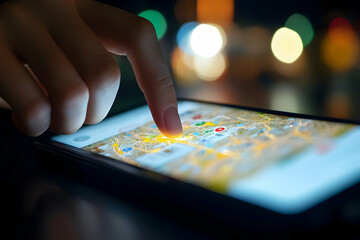Fototapeta premium A close-up of a hand navigating a bright smartphone screen, revealing city attractions at night