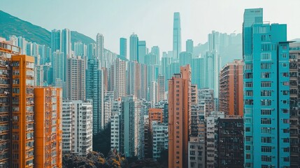 Obraz premium An aerial view of colorful skyscrapers in a dense urban cityscape.