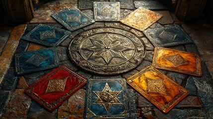 A set of colorful cards laid out in a circle with a star in the center. This image suggests a mystical, ancient or magical ritual.