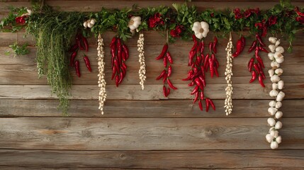 A chili pepper garland styled across a rustic wooden wall, with hanging garlic and herbs