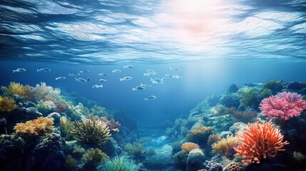 Obraz premium Vibrant underwater coral reef scene shows colorful coral, fish swimming near surface. Sunlight penetrates ocean. Diverse marine life thrives in healthy ecosystem. Tropical aquatic environment.