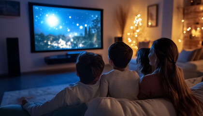 back view of happy family watching movie at home cinema with kids, mother and father with children watch TV at cozy living room, people spend time together
