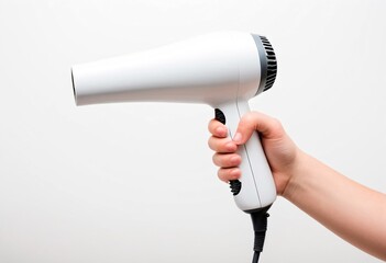 Hand holding hair dryer on white background