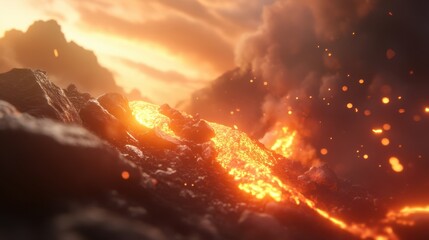 Dramatic Volcanic Eruption, Fiery Lava Flowing Vigorously, Chaotic Scene of Nature's Power and Destruction