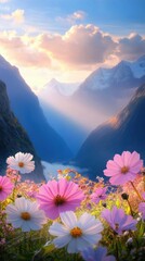 Vibrant Wildflowers in Bloom, Scenic Mountain Meadow, Close-Up of Colorful Petals and Lush Greenery Under Clear Blue Sky