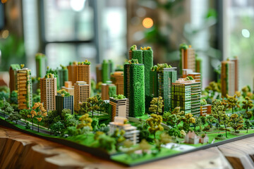 A detailed model of a sustainable city featuring green architecture, eco-friendly urban planning, and vertical gardens in a modern setting