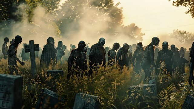 A large group of zombies walks out of a graveyard at sunrise, Zombie horde emerging from the graveyard