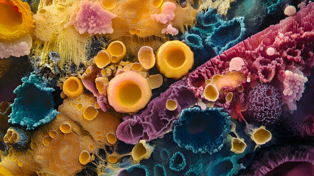 Abstract Amyloplast Starch Grains: Hyperrealistic Microscopic Art, Vibrant Colors, Organic Forms