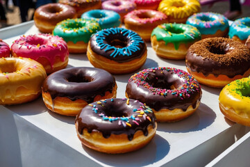 Donuts of rainbow colour  at a fair