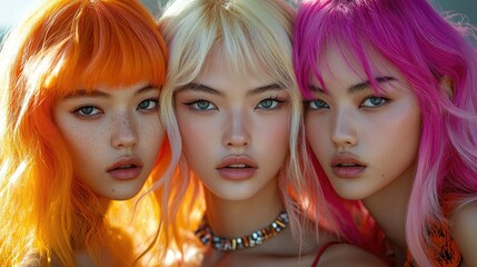 Three models with vibrant hair colors posing closely together, showcasing beauty and fashion.