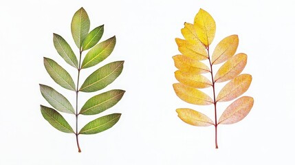 Contrast of green and yellow leaves on white background representing seasonal change
