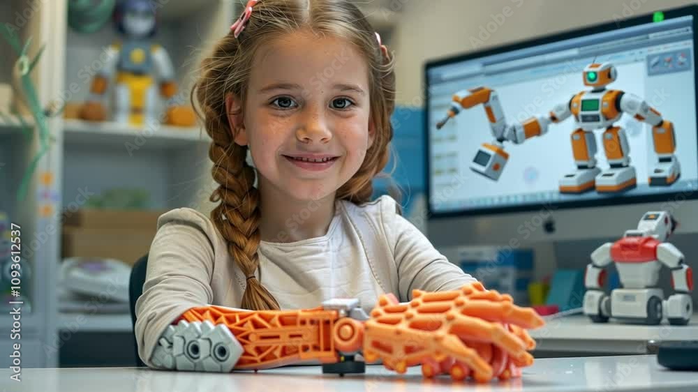 Poster a young girl smiles while engaging with her 3d printed robotic arms, surrounded by educational robot