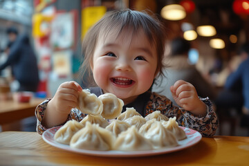 Child joyfully indulging in delicious dumplings at a cozy eatery