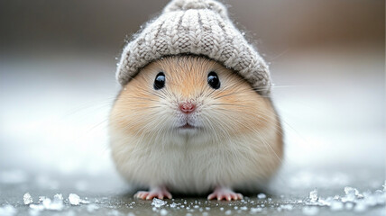 cute chubby hamster in grey hat in winter