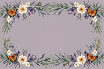 Whimsical Watercolor Wildflower Seamless Border with Marjoram, Butterfly Flower, Olive Branches, and Soft Petals