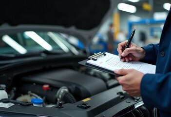 A man is diligently writing on a clipboard while standing in front of a car