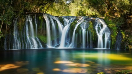 Fototapeta premium Waterfall Serenity: A stunning cascading waterfall flows gracefully into a serene pool of crystal-clear water. Lush green vegetation frames the scene.