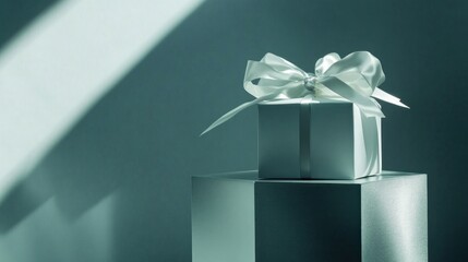 Elegant White Gift Box with Satin Ribbon on Teal Background
