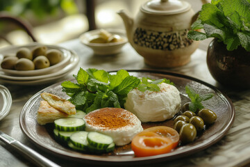A manakish za'atar on a plate, accompanied by creamy labneh, fresh mint leaves, and cucumber slices. The table includes olives, pickles, and a pot of tea, creating a cozy Middle Eastern breakfast vibe