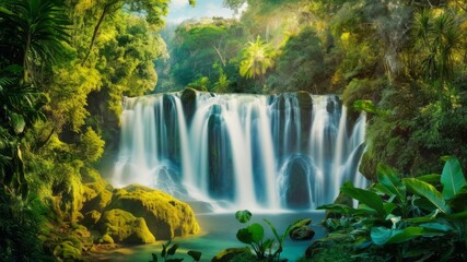 Obraz premium Jungle Waterfall: a lush tropical landscape, cascading waterfall plunges into a serene pool below, surrounded by vibrant green vegetation