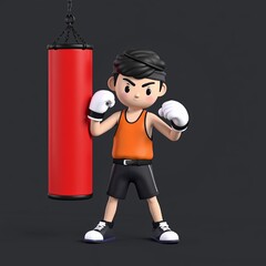 3D Stick Figure Boxer, Exuding Determination, Ideal for Sports Motivation, Digital Art with Copy Space