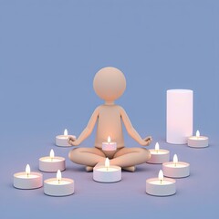 3D stick figure meditating in a serene setting with floating candles, ideal for spiritual wellness themes, digital art, and mindfulness visuals with copy space