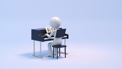 Fototapeta premium 3D stick figure pianist with copy space for artistic talent, creativity, and performance in educational content and digital media