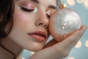 Fototapeta premium Captivating beauty and festive glow radiate as a young woman gently cradles a shimmering ornament, embodying the spirit of celebration during the holiday season