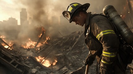 Naklejka premium Firefighter amidst the Inferno: A Courageous Silhouette Against a Fiery Urban Landscape