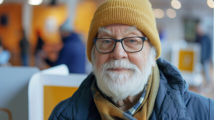 Elderly man with yellow warm hat and glasses stands at a polling station. He appears content as he participates in the voting process, surrounded by other voters