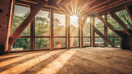 Sunlit Sanctuary: Capturing the warm interplay of sunlight streaming through large windows into an empty room. The space reveals the elegance of architecture, light and shadow and nature's embracing.