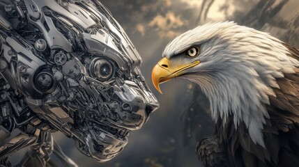A majestic eagle with piercing eyes faces a sleek, mechanical lion with glowing eyes in a dramatic, contrasting scene