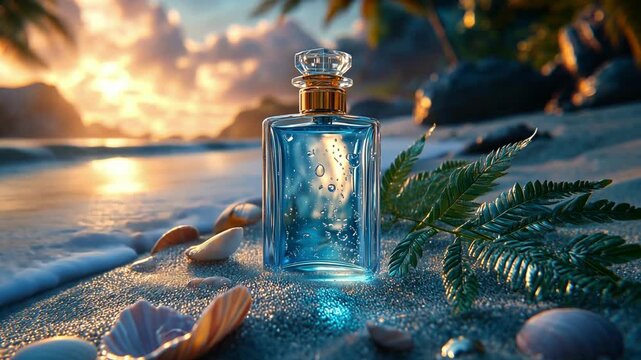 summer perfume bottle, perfume perfume on the ocean shore