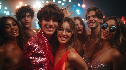A vibrant group of young people enjoying a lively party, smiling and laughing together, with colorful party lights creating a joyful ambiance