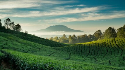 Naklejka premium Serene Tea Plantation: A captivating view of a rolling tea plantation nestled amidst mist-shrouded mountains, bathed in the ethereal glow of dawn.