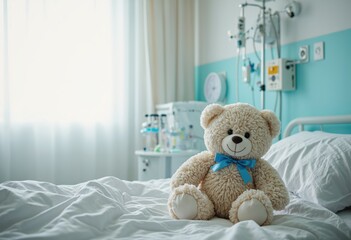 Teddy bear with blue bow sitting on a hospital bed in a brightly lit pediatric ward. Hospital room interior with medical equipment. Children's healthcare and comfort concept.