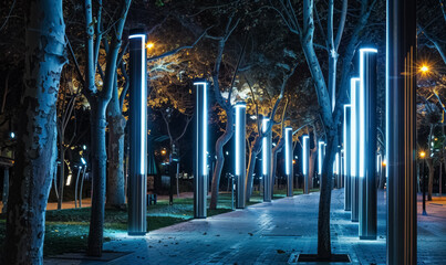illuminated pedestrian street with modern streetlight and led lanterns at night