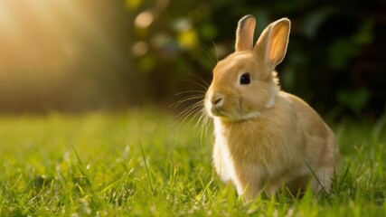 Fototapeta premium Fluffy Bunny in Sunlit Grass: An adorable fluffy bunny basks in the golden sunlight within a bed of vibrant green grass, creating a captivating moment of natural beauty.