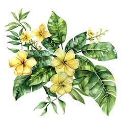 Fototapeta premium Watercolor of Tropical spring floral green leaves and flowers elements isolated on white background, bouquets greeting or wedding card decoration
